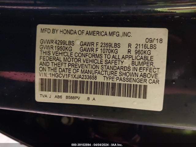 Honda ACCORD LX 2018 1HGCV1F1XJA233658 Image 9