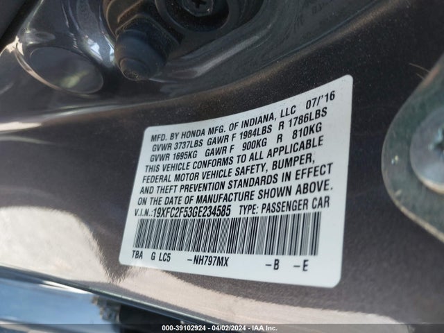 Honda Civic Lx 2016 19XFC2F53GE234585 Image 9