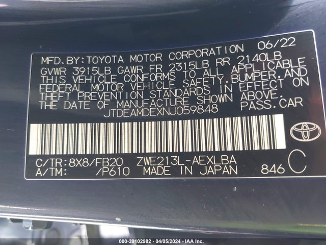 JTDEAMDEXNJ059848 Toyota Corolla Hybrid Le