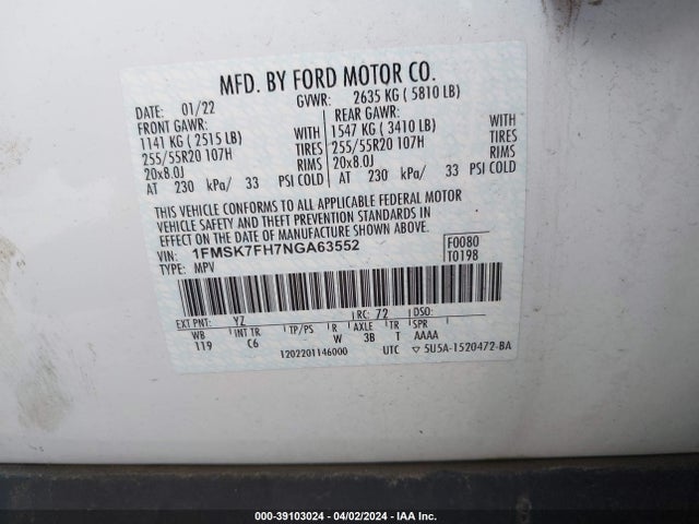 Ford Explorer Limited 2022 1FMSK7FH7NGA63552 Image 9