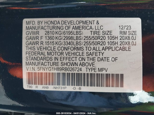 Honda Pilot Awd Elite 2024 5FNYG1H89RB026724 Image 9