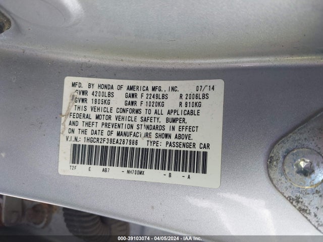 Honda ACCORD LX 2014 1HGCR2F39EA287986 Image 9