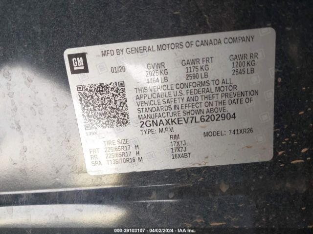 2GNAXKEV7L6202904 Chevrolet Equinox Fwd Lt 1.5l Turbo