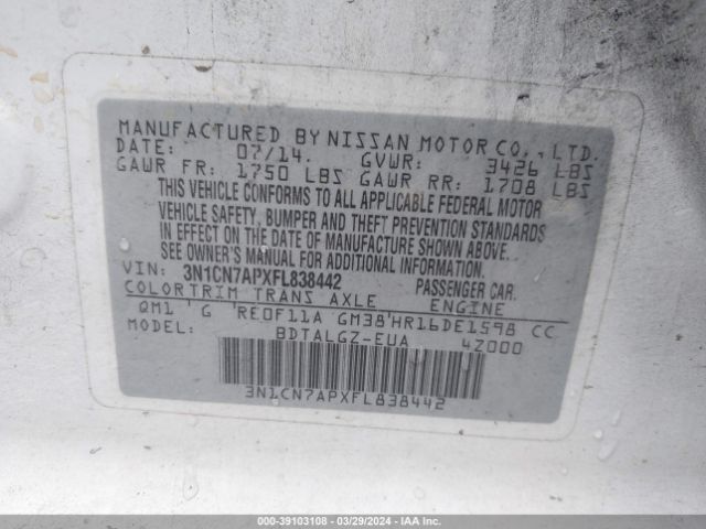 3N1CN7APXFL838442 Nissan Versa 1.6 Sl