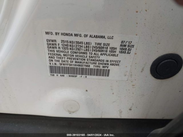 5FNYF5H1XHB027988 Honda PILOT LX