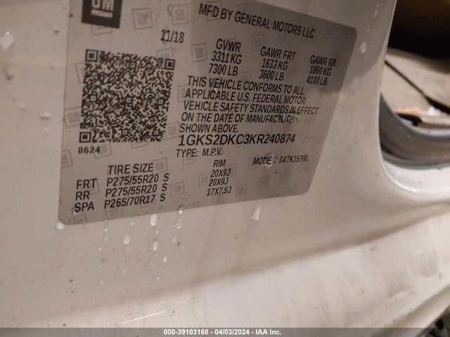 GMC Yukon Slt Standard Edition 2019 1GKS2DKC3KR240874 Image 9