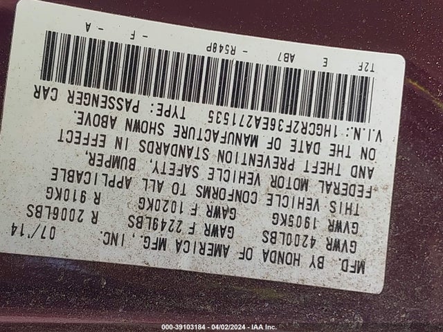 Honda ACCORD LX 2014 1HGCR2F36EA271535 Image 9