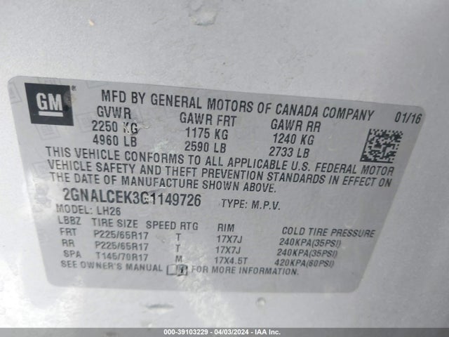 Chevrolet EQUINOX LT 2016 2GNALCEK3G1149726 Image 9