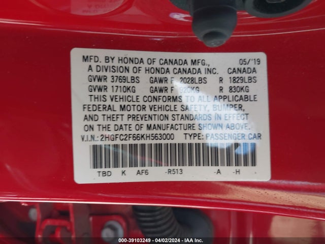 Honda Civic Lx 2019 2HGFC2F66KH563000 Image 9