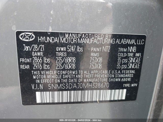 Hyundai Santa Fe Sel 2021 5NMS3DAJ0MH328670 Image 9