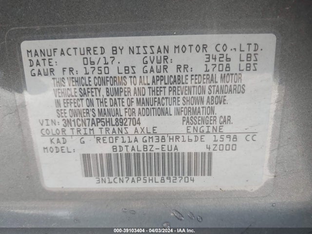 Nissan Versa 1.6 Sv 2017 3N1CN7AP5HL892704 Image 9