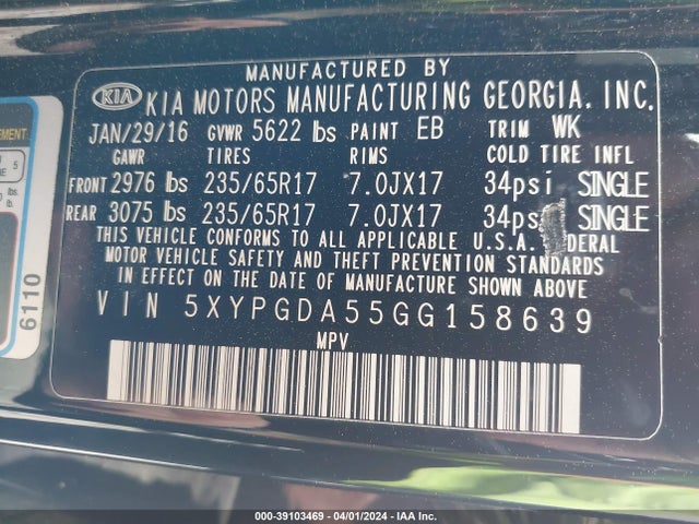 KIA Sorento 3.3l Lx 2016 5XYPGDA55GG158639 Image 9