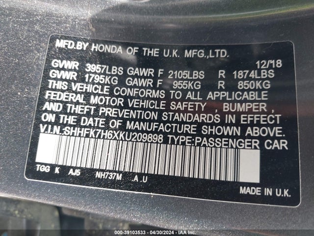 Honda CIVIC EX 2019 SHHFK7H6XKU209898 Image 9