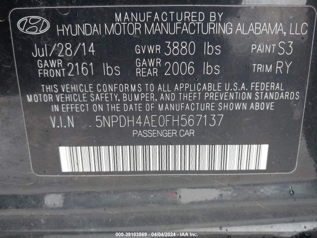 Hyundai ELANTRA SE 2015 5NPDH4AE0FH567137 Image 9
