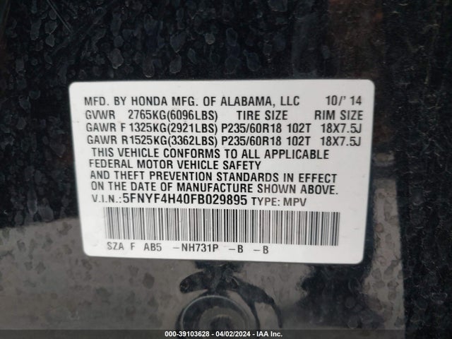 Honda Pilot Ex 2015 5FNYF4H40FB029895 Image 9
