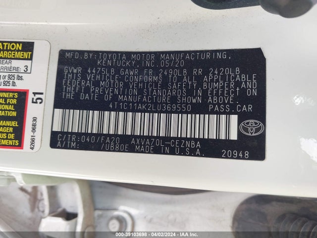 Toyota CAMRY LE 2020 4T1C11AK2LU369550 Image 9