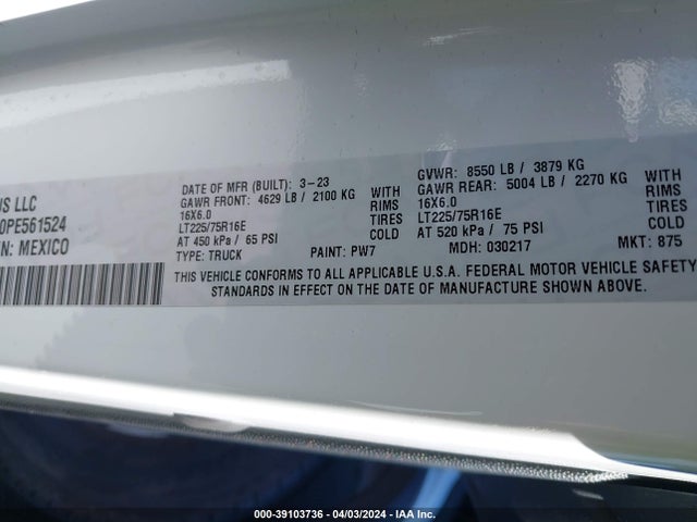 3C6LRVNG0PE561524 RAM Promaster 1500 Low Roof 118 Wb