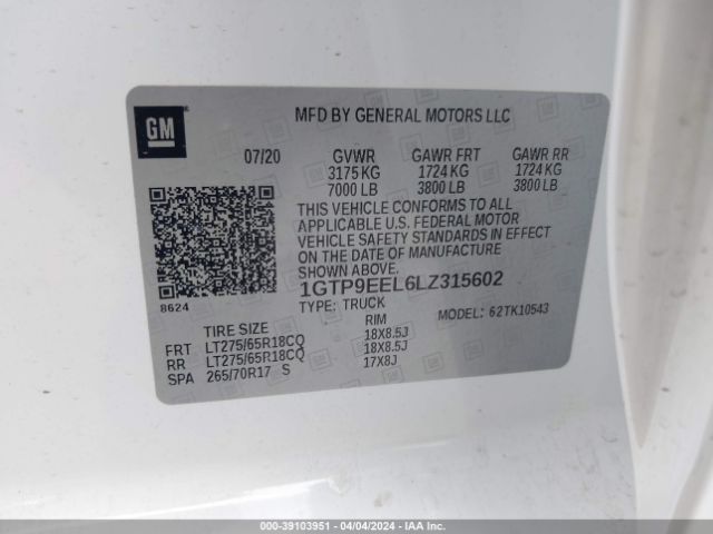 1GTP9EEL6LZ315602 GMC Sierra 1500 4wd  Short Box At4