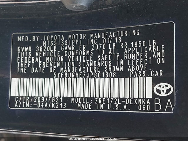 Toyota COROLLA LE 2018 5YFBURHE7JP801808 Image 9