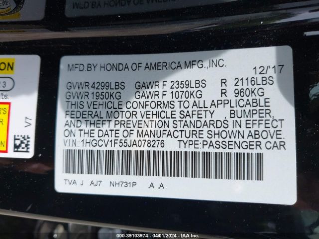 1HGCV1F55JA078276 Honda Accord Ex-l