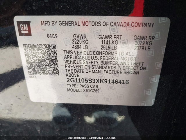 Chevrolet Impala Premier 2019 2G1105S3XK9146416 Image 9