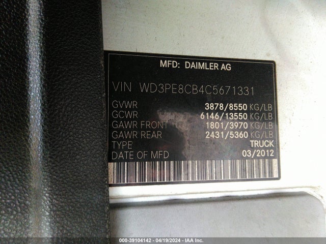 39104142 :رقم المزاد ، WD3PE8CB4C5671331 vin ، 2012 Mercedes-benz Sprinter 2500 High Roof مزاد بيع