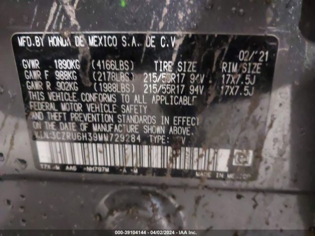 3CZRU6H39MM729284 Honda Hr-v Awd Lx