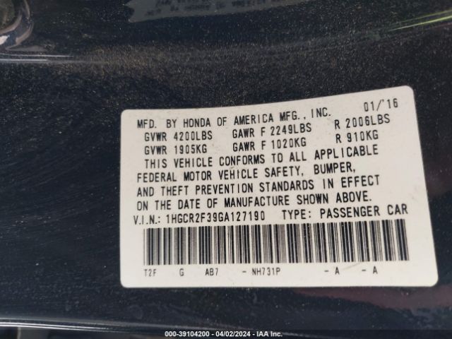 1HGCR2F39GA127190 Honda ACCORD LX