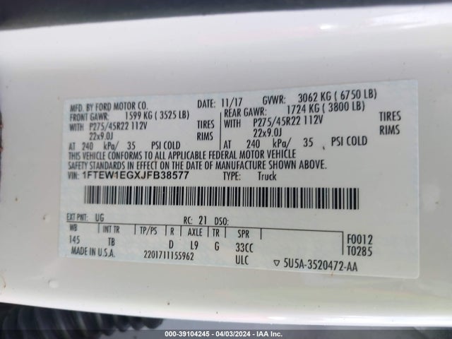 Ford F-150 Limited 2018 1FTEW1EGXJFB38577 Image 9