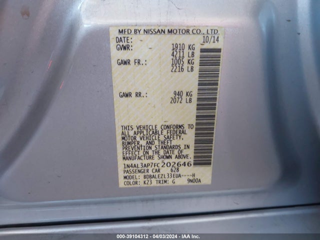 Nissan Altima 2.5 S 2015 1N4AL3AP7FC202646 Image 9
