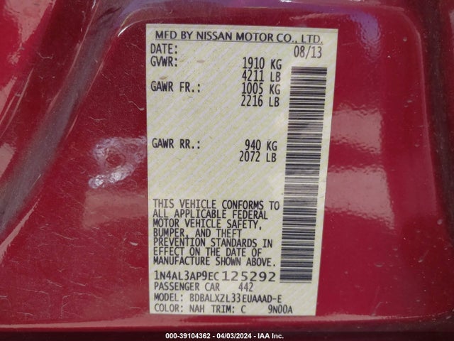 Nissan Altima 2.5 Sl 2014 1N4AL3AP9EC125292 Image 9