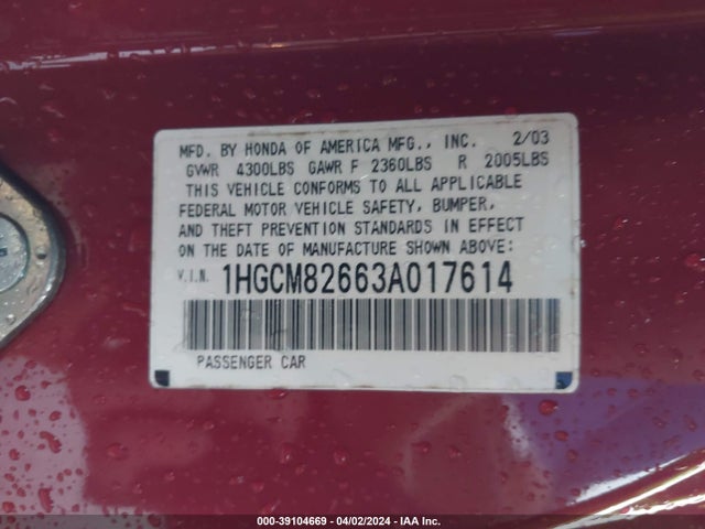 Aukcja sprzedaży 2003 Honda Accord 3.0 Ex, vin: 1HGCM82663A017614, numer aukcji: 39104669