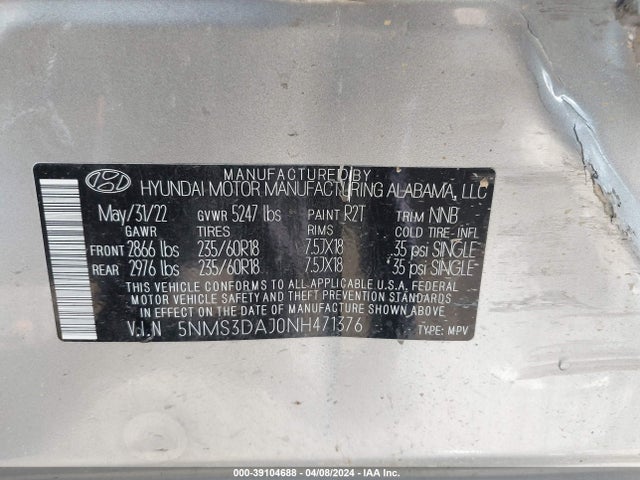 Hyundai Santa Fe Sel 2022 5NMS3DAJ0NH471376 Image 9