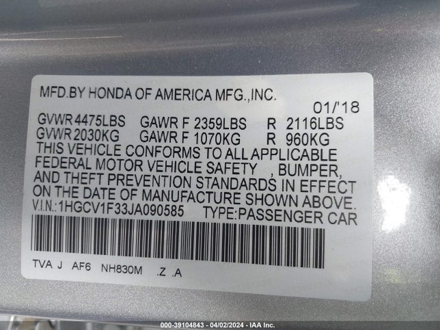Honda Accord Sport 2018 1HGCV1F33JA090585 Image 9