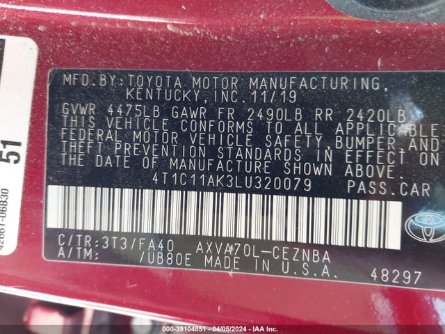Toyota CAMRY LE 2020 4T1C11AK3LU320079 Image 9