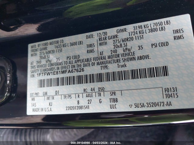 Ford F-150 King Ranch 2021 1FTFW1E81MFA67626 Image 9