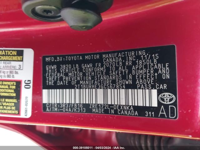 2T1BURHE3GC567854 Toyota COROLLA LE