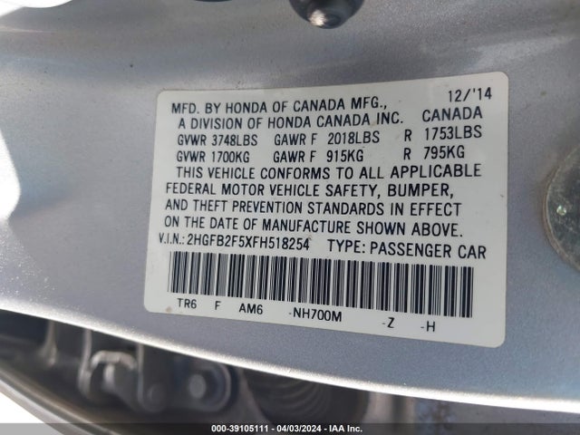Honda Civic Lx 2015 2HGFB2F5XFH518254 Image 9