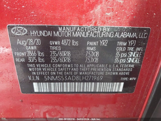 Hyundai Santa Fe Limited 2020 5NMS53AD8LH271969 Image 9