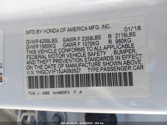 Honda ACCORD LX 2018 1HGCV1F15JA092627 Image 9