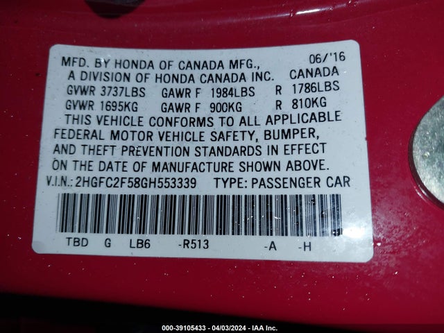 Honda Civic Lx 2016 2HGFC2F58GH553339 Image 9