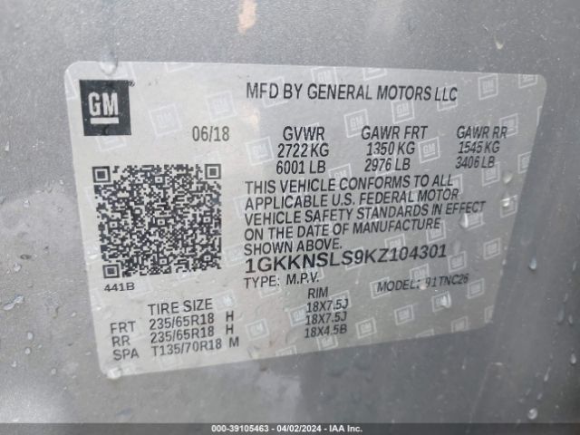 1GKKNSLS9KZ104301 GMC Acadia Sle-2