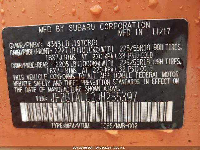 JF2GTALC2JH255397 Subaru Crosstrek 2.0i Limited