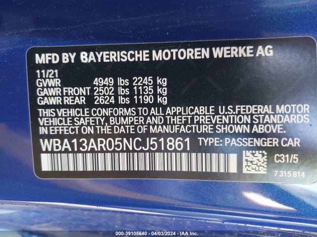 WBA13AR05NCJ51861 BMW M440i Xdrive
