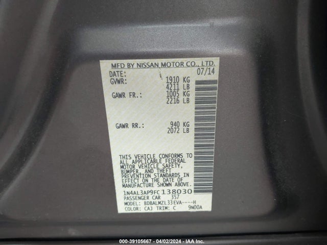 Nissan Altima 2.5 Sv 2015 1N4AL3AP9FC138030 Image 9