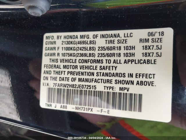 7FARW2H82JE072515 Honda Cr-v Ex-l/ex-l Navi