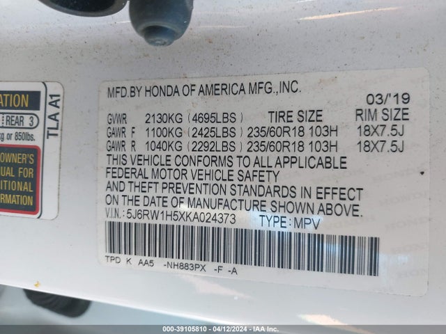 Honda CR-V EX 2019 5J6RW1H5XKA024373 Image 9