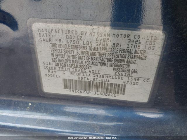 3N1CN7AP3JL800821 Nissan Versa 1.6 Sv