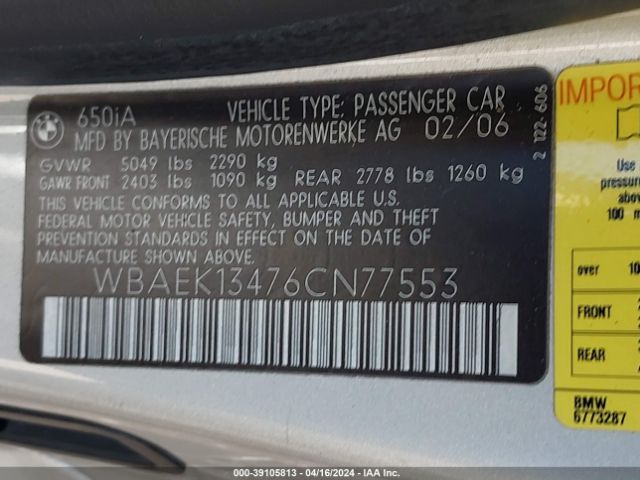 2006 BMW 650I WBAEK13476CN77553 Photo 8