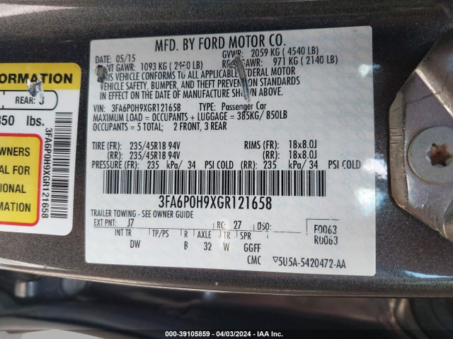 Ford FUSION SE 2016 3FA6P0H9XGR121658 Image 9
